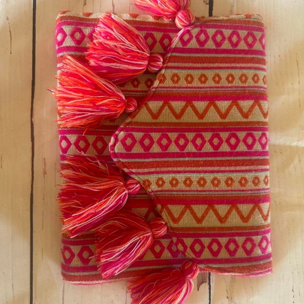 Mudpie Pink and orange embroidered geometric patterned clutch with tassels - Picture 8 of 8